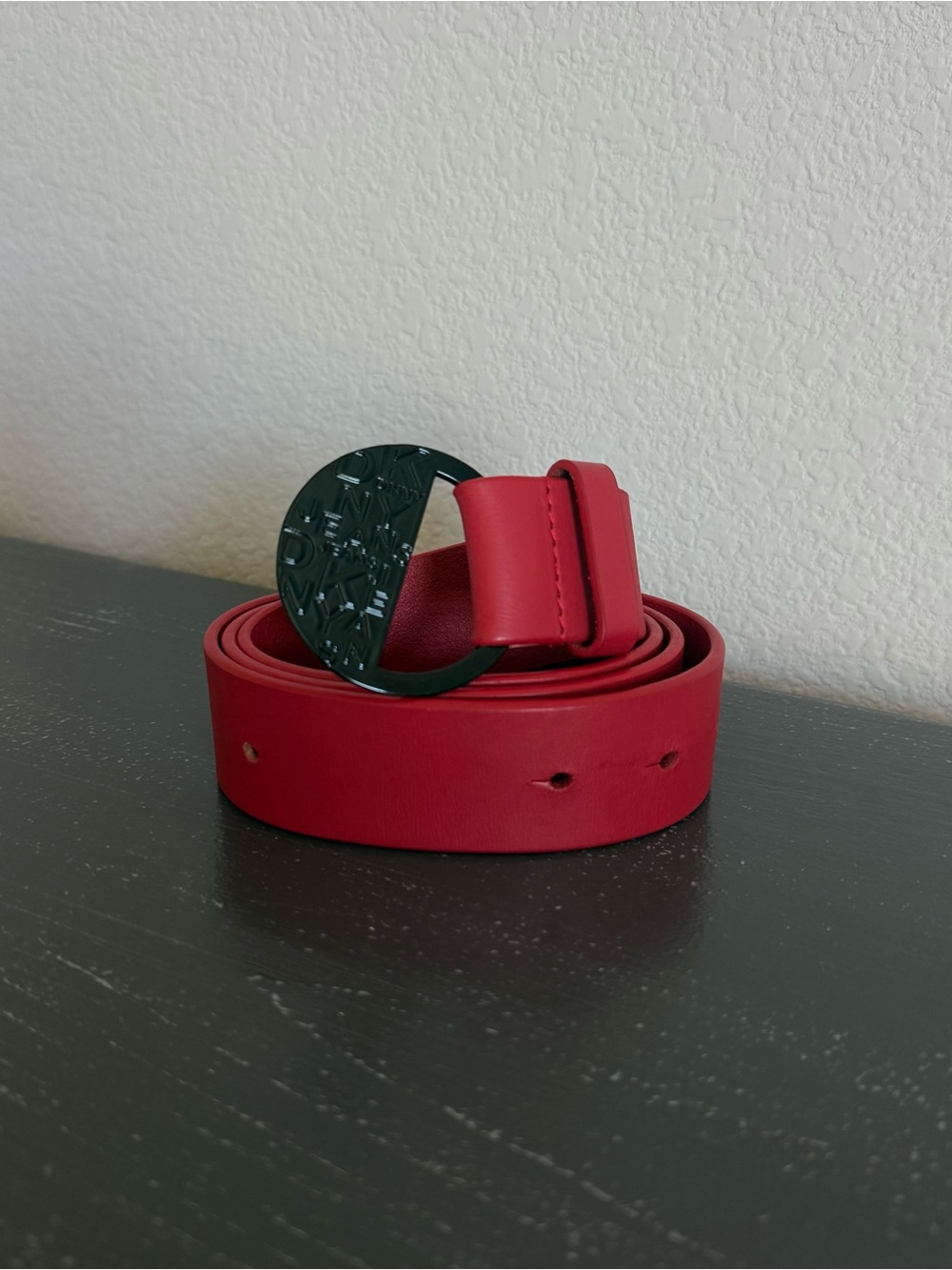Women’s  Red 100% Leather Belt with Black Round Buckle